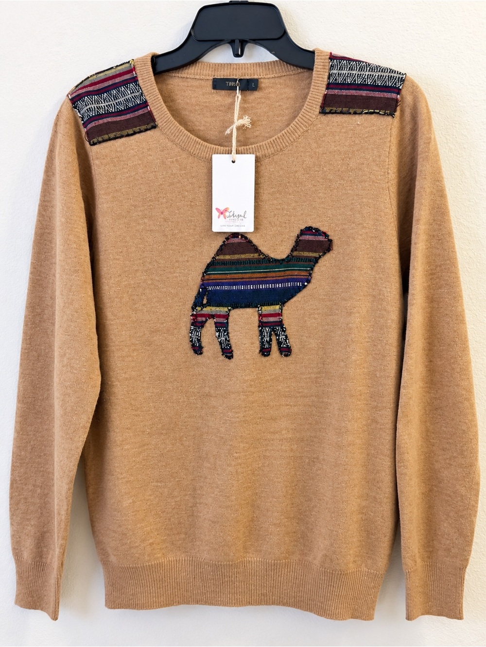 THML Camel Motif Crewneck Sweater in Camel and Multicolor